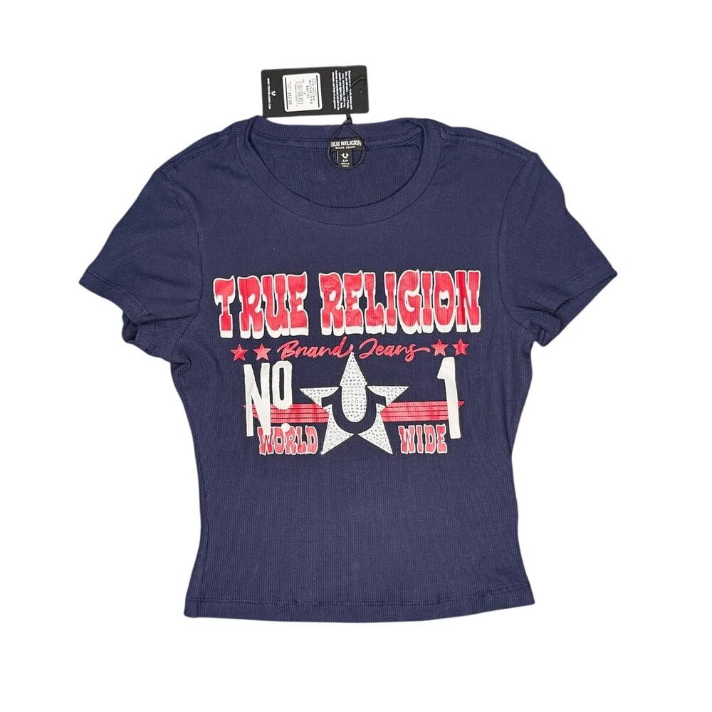 NWT True Religion Western Ribbed Baby Tee Navy Blue Crop Top Size Small